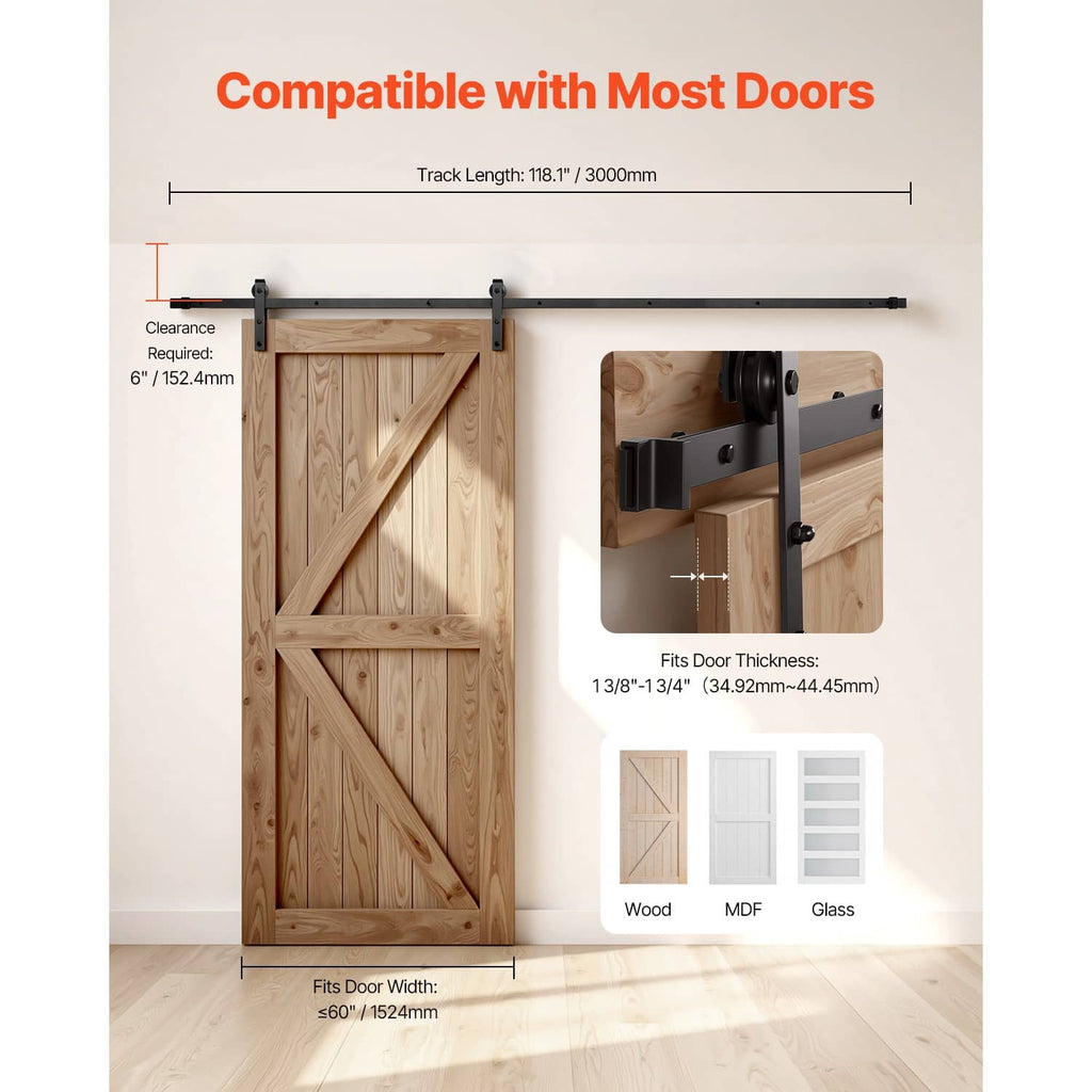Black sliding barn door hardware track with rollers for door mounting
