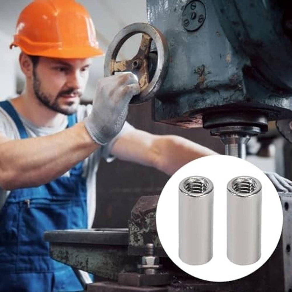 Pair of silver stainless steel round connector nuts, cylindrical with internal threads