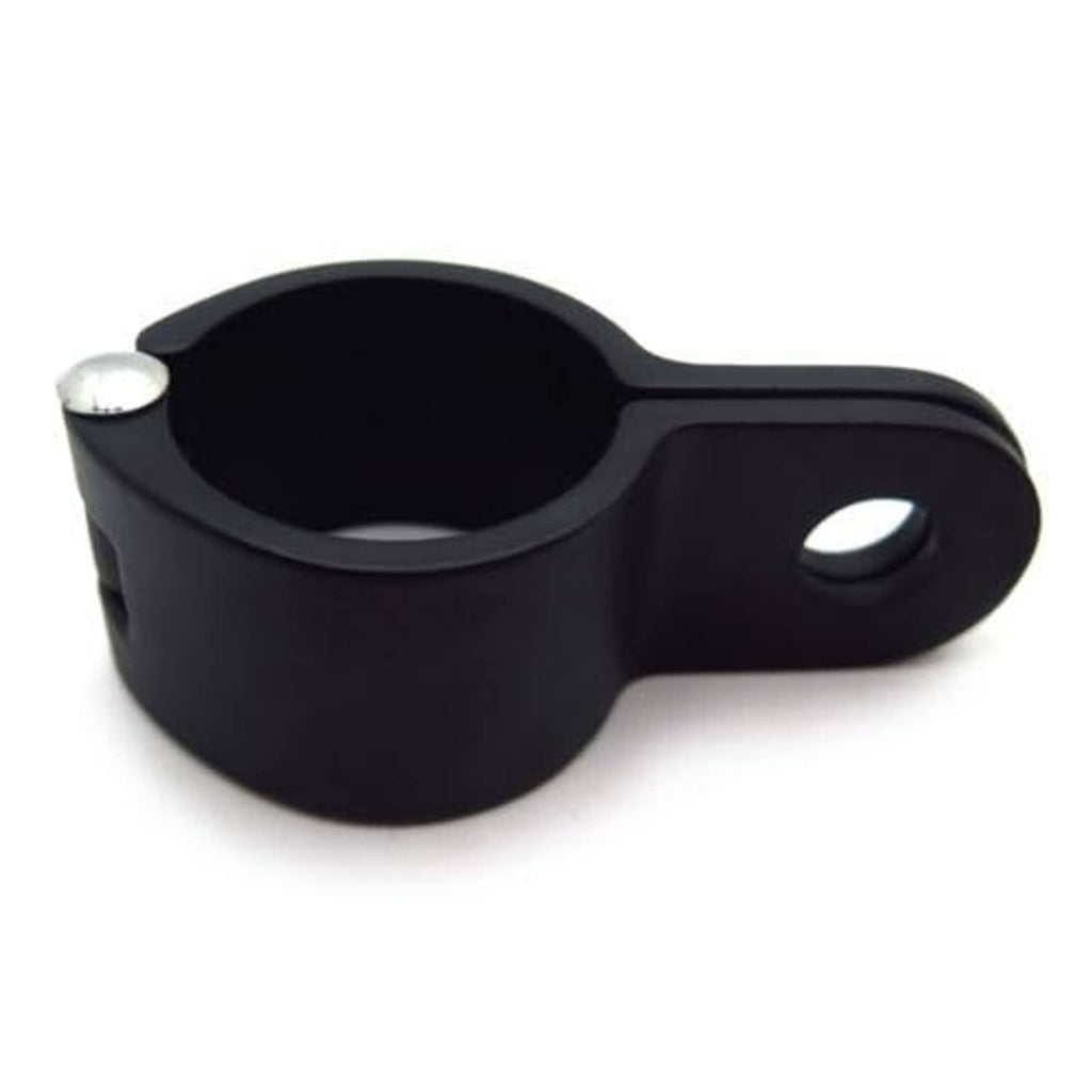 Black motorcycle footpeg clamp, curved band with two side mounting tabs