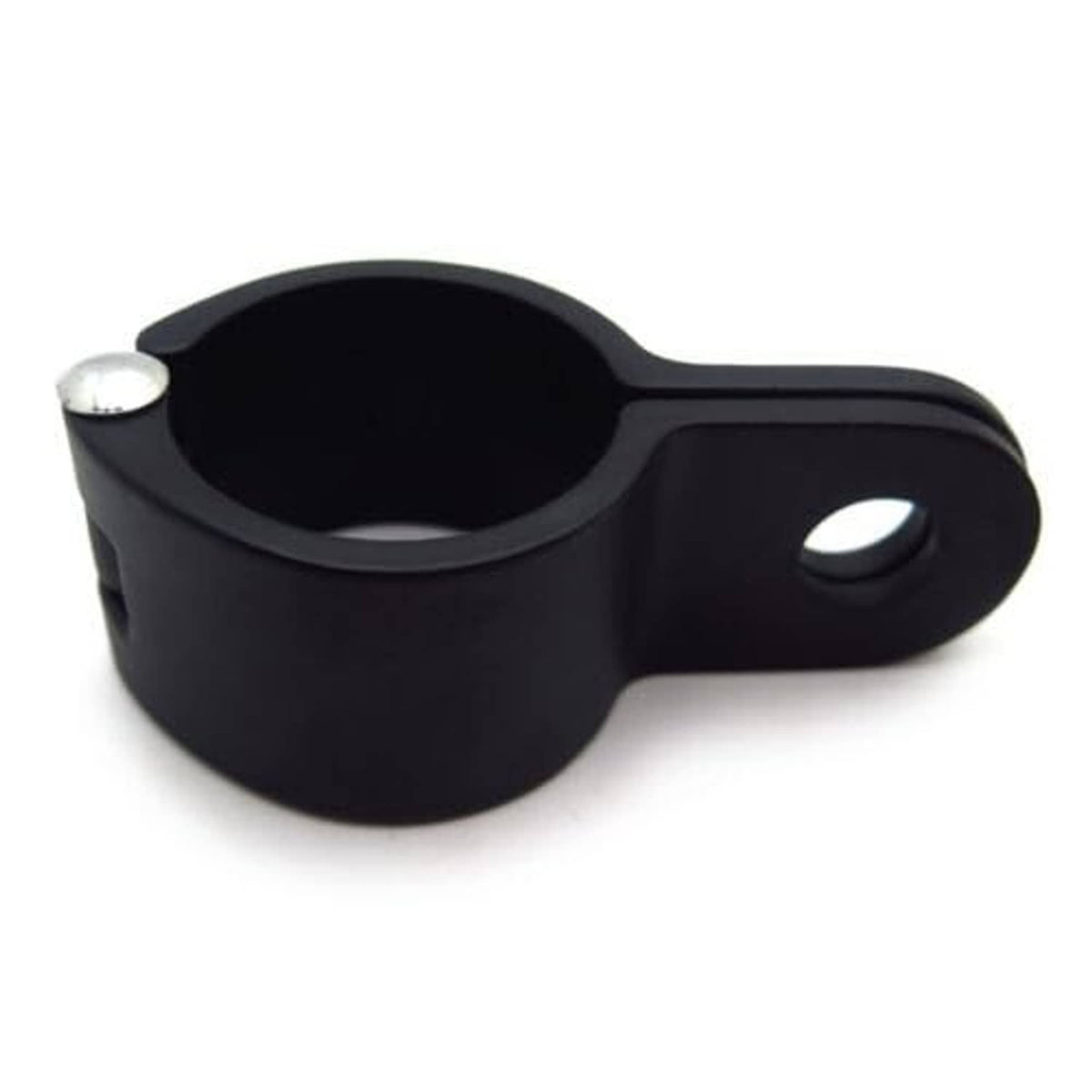 Black motorcycle footpeg clamp, curved band with two side mounting tabs