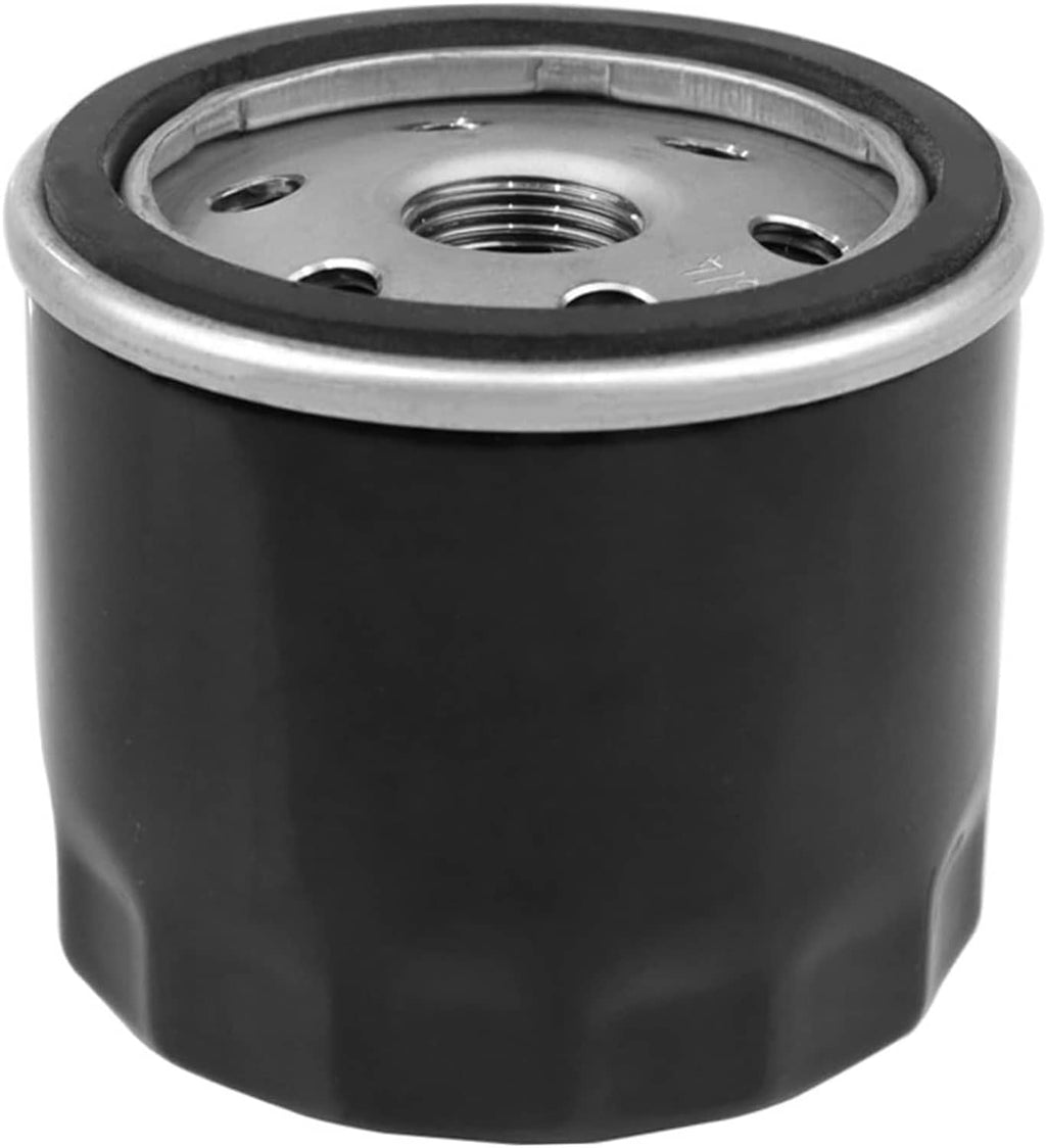 Oil filter canister with dark housing and silver metal top plate, threaded center