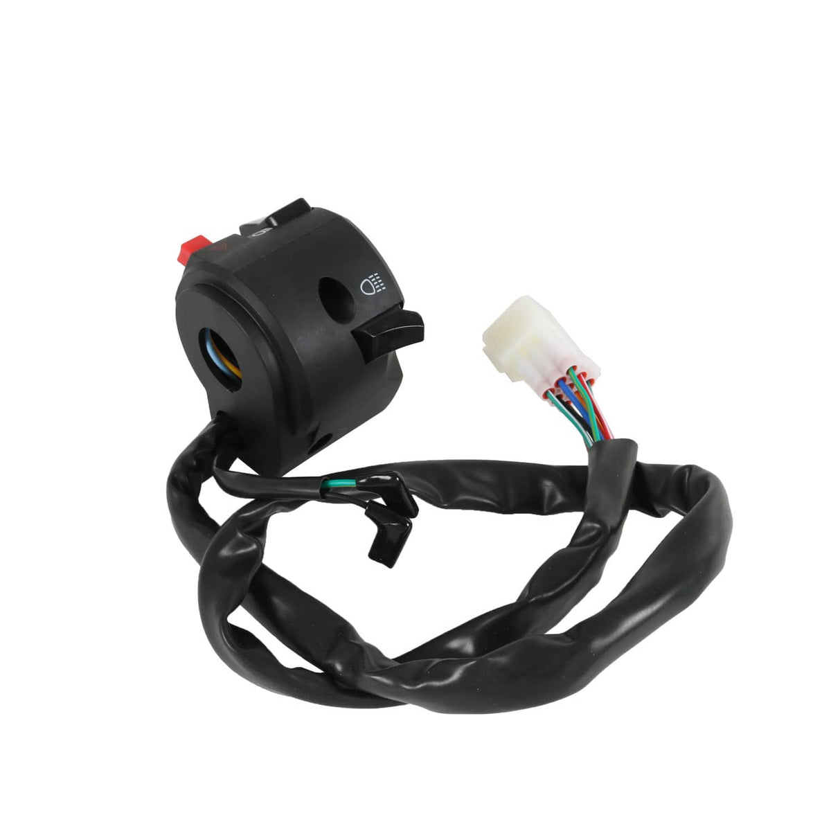Motorcycle handlebar switch assembly with red button, black housing, and multi-wire plug