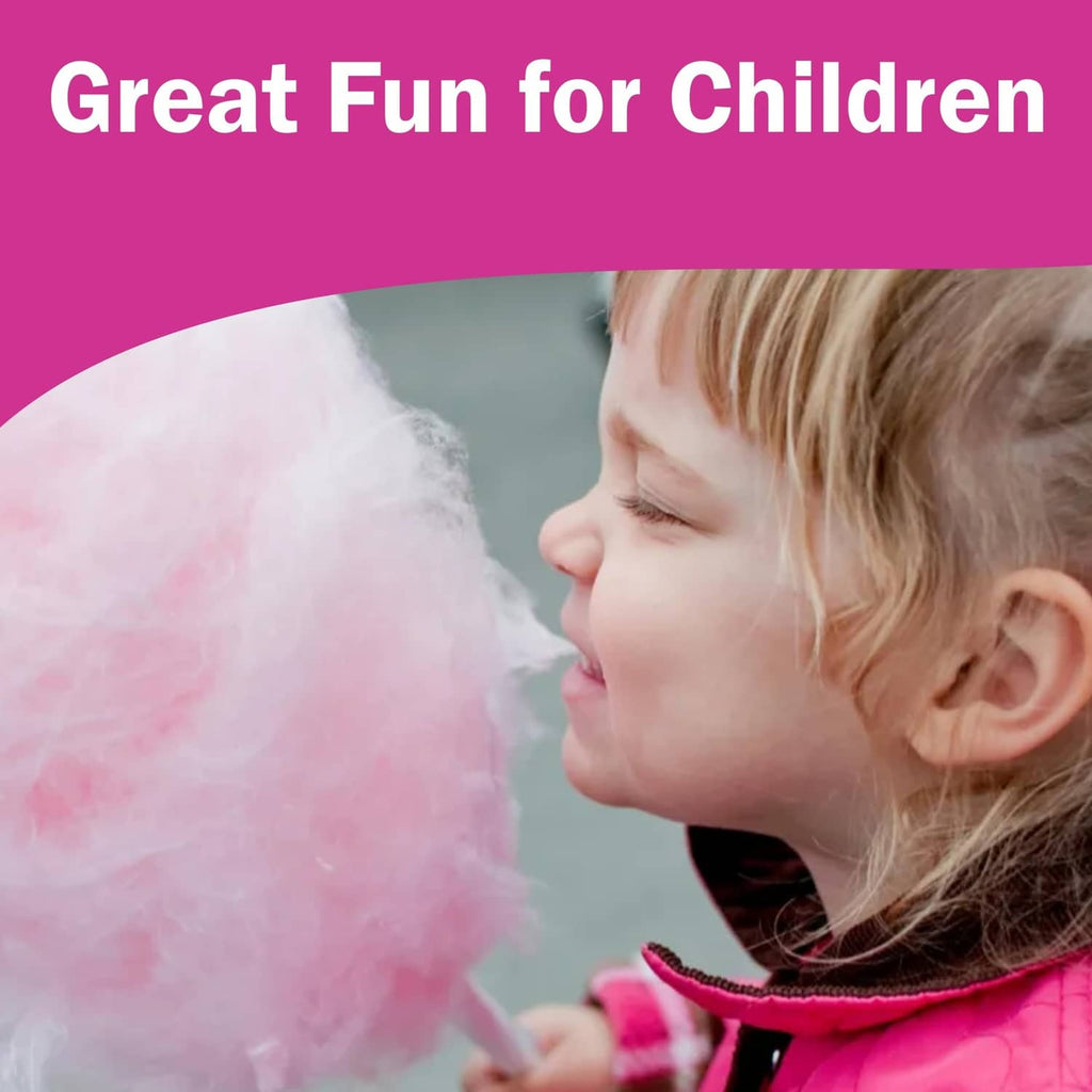 Child enjoying pink cotton candy floss on a stick