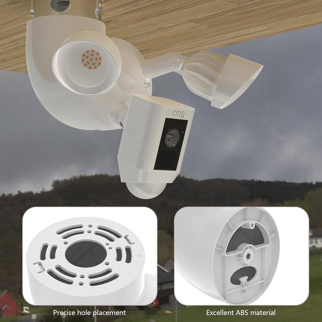 White eave mount bracket with floodlight camera attached and dual flood lenses