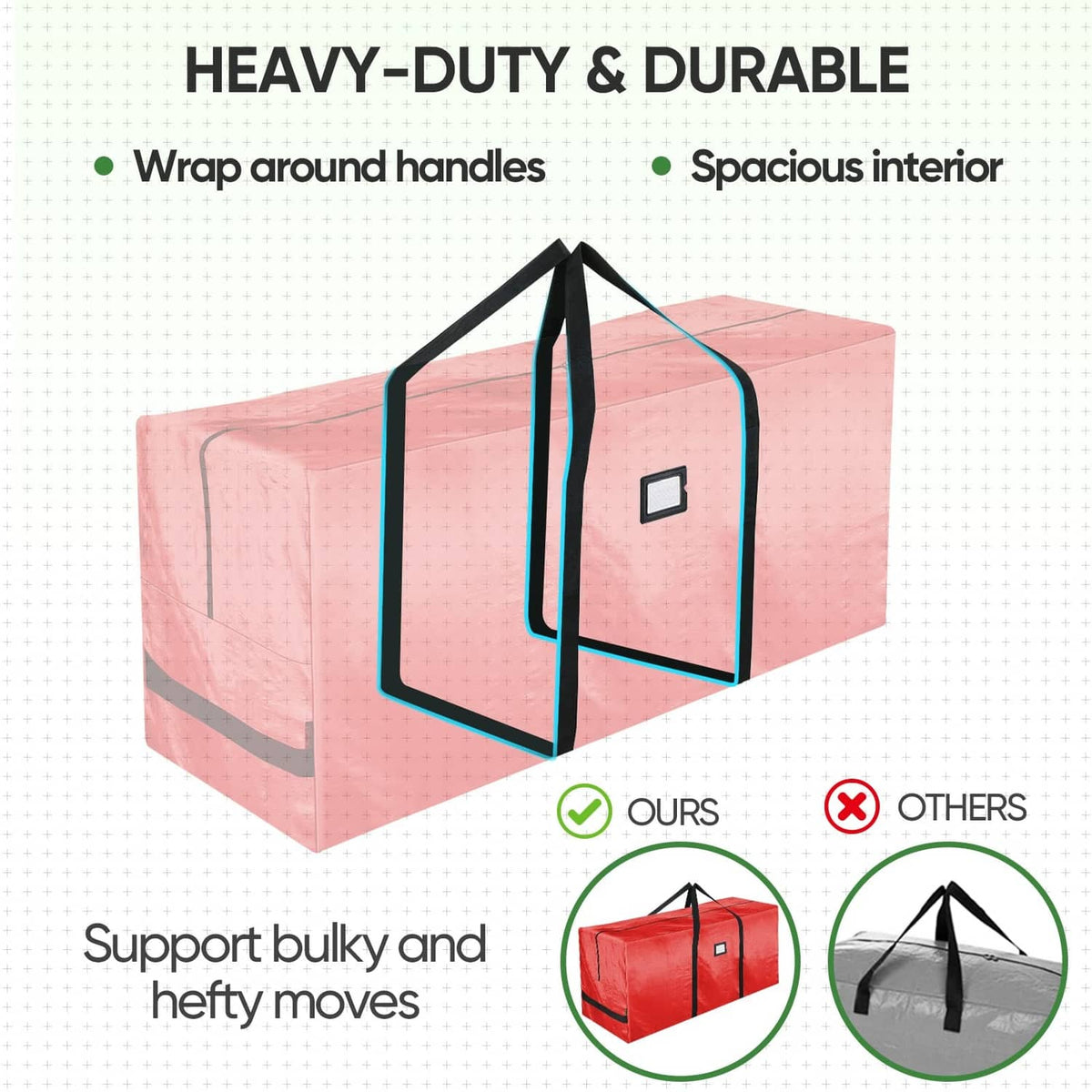 Sturdy Christmas tree storage bag with clear ID window and reinforced carry handles