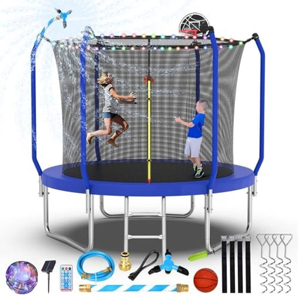 Royal blue trampoline with safety enclosure net and basketball hoop, kids jumping