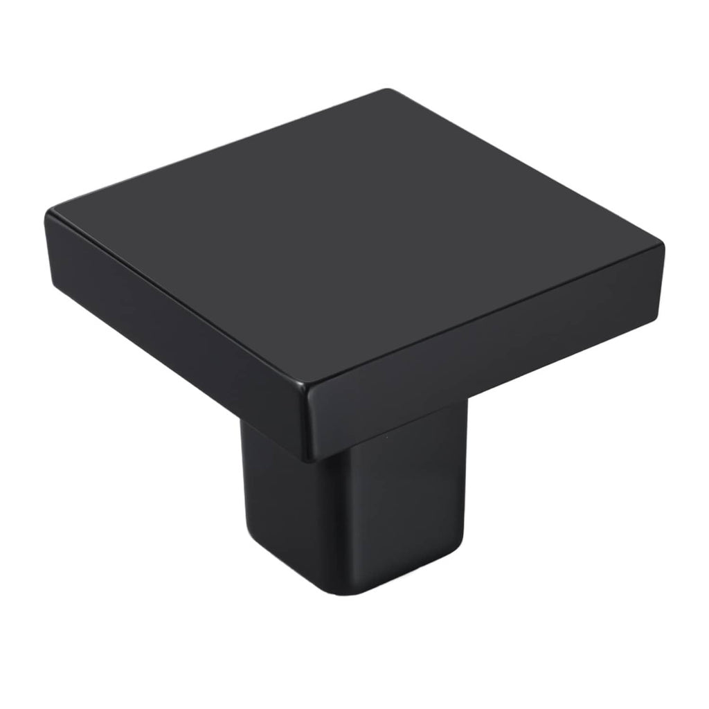 Square cabinet knob in black zinc alloy, rounded base and short spindle