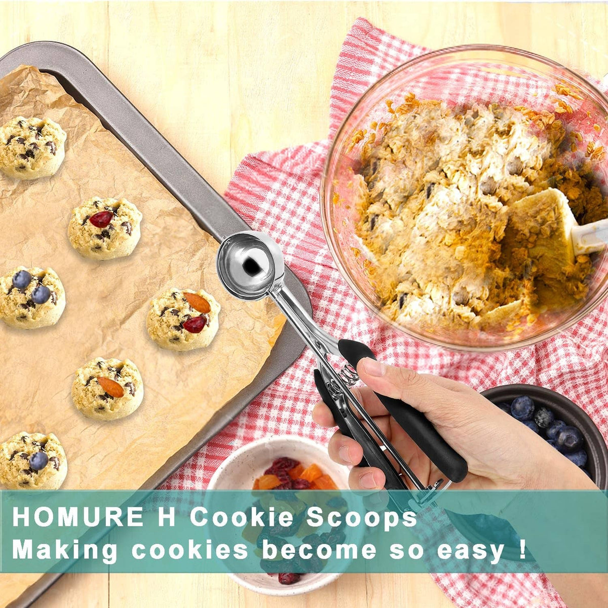 Cookie scoop cutting dough onto a baking tray near a mixing bowl