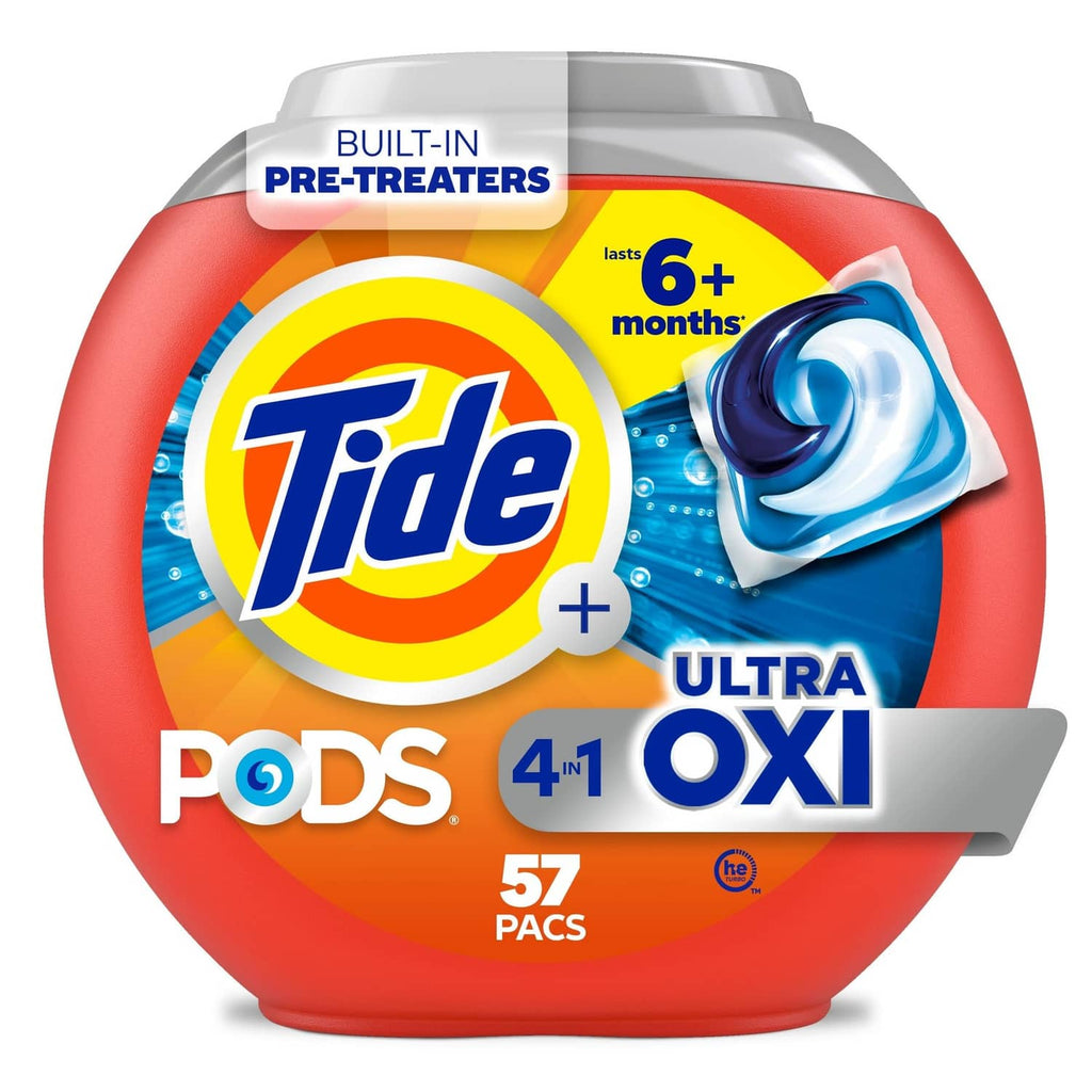 Tide Ultra Oxi 4-in-1 detergent pods tub, 57-count package with blue pod icon