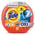 Tide Ultra Oxi 4-in-1 detergent pods tub, 57-count package with blue pod icon