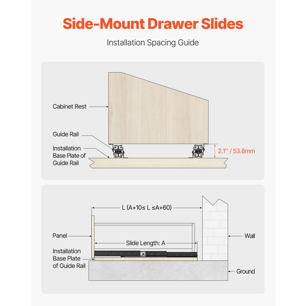 Side-mount drawer slide installation spacing guide showing guide rails and base plate.
