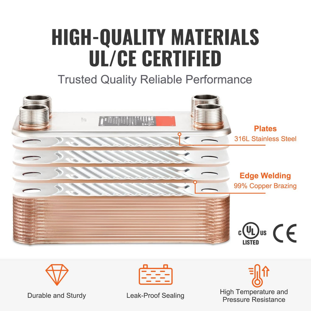 Copper plate heat exchanger with stainless 316L plates and copper brazed edges.