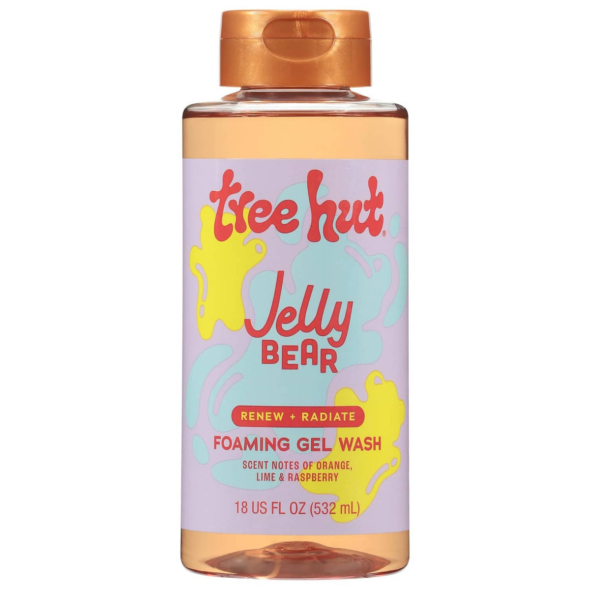 Orange foaming gel body wash bottle with Jelly Bear graphic label