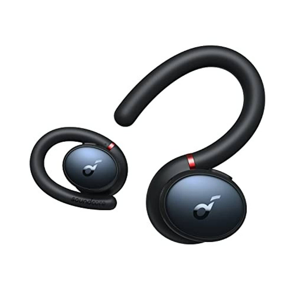 Black true wireless sport earbuds with over-ear hooks and earbud controls visible.