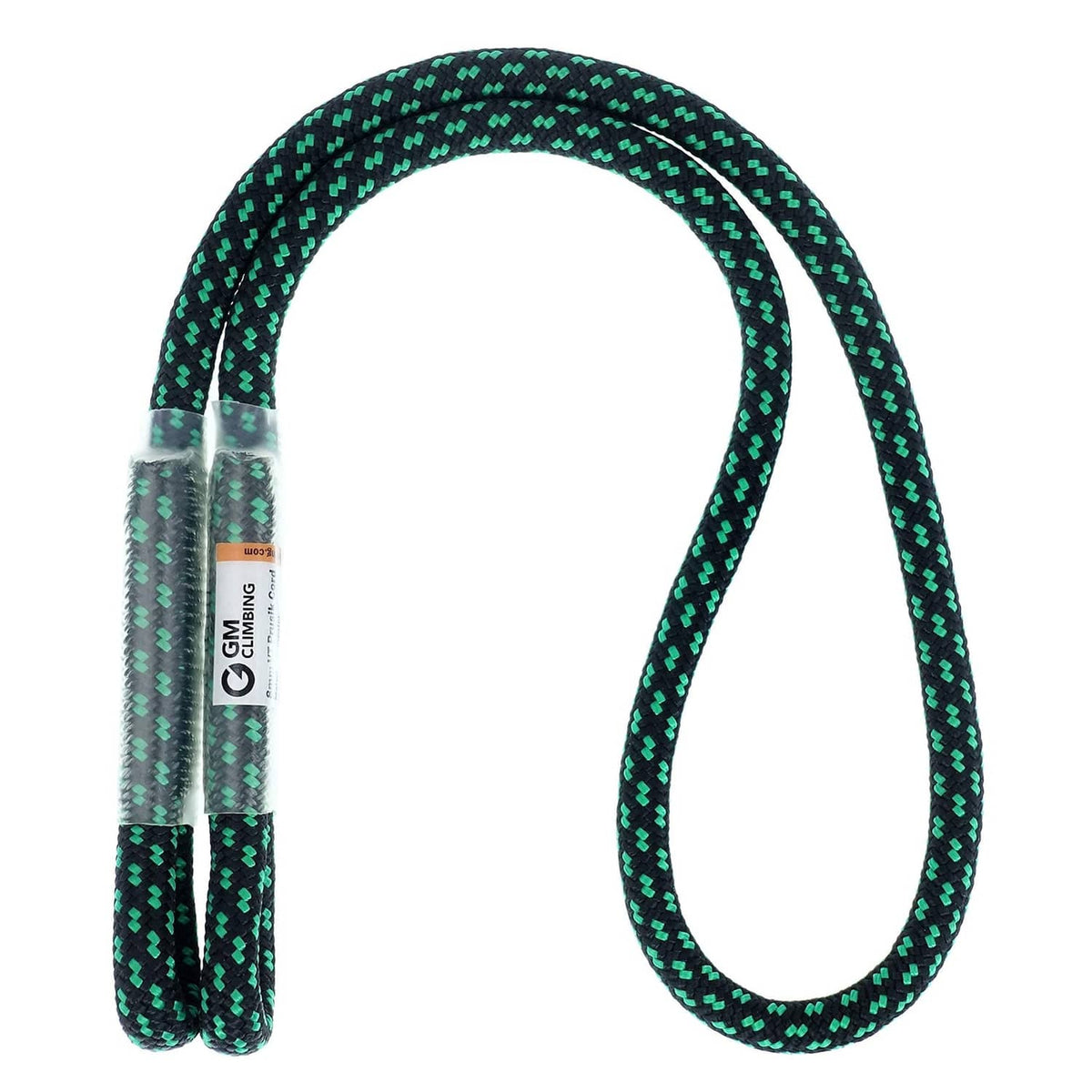 Green prusik loop with two sewn eye ends, speckled braided cord