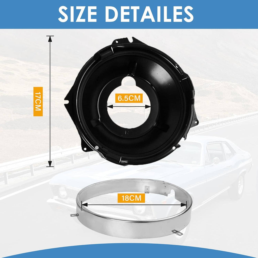 Black headlight buckets with silver retaining rings and size details for mounting fit