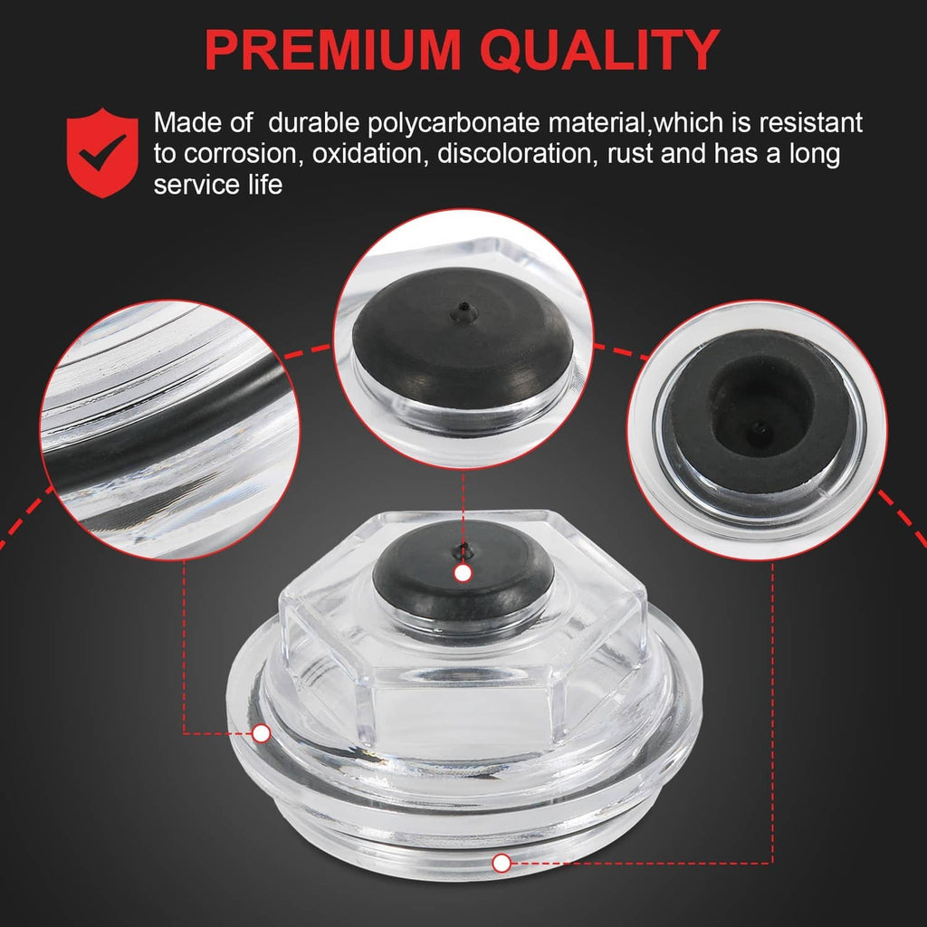 Oil bath dust cap with clear body and black top insert, plus close-up side details