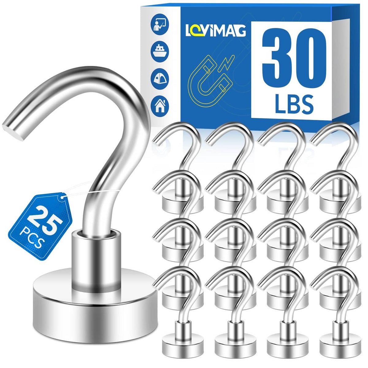 Stainless steel magnetic hooks set with curved S hooks, 30 lb rating, 25-piece pack