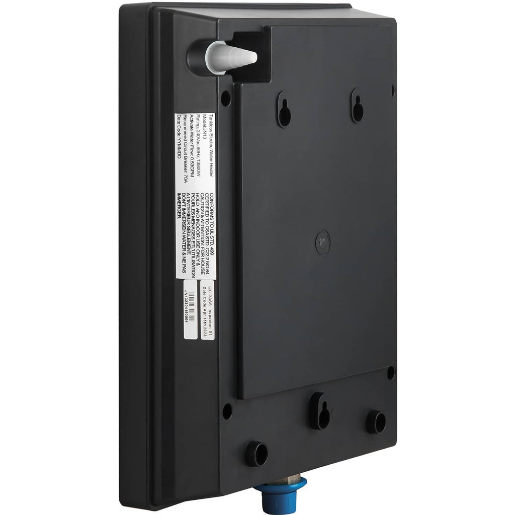 Black electric tankless water heater with inlet and outlet ports, wall-mountable panel