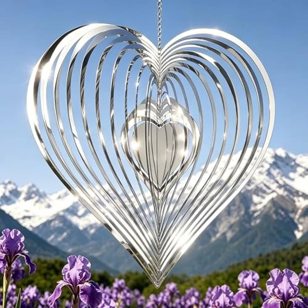 Reflective silver heart wind spinner with hanging chain, curved metal ring design