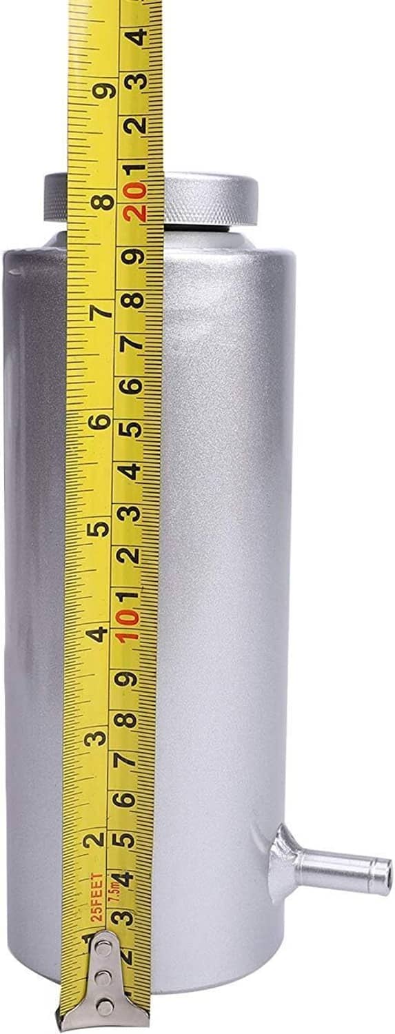 Silver aluminum coolant catch tank with side outlet, measured with a vertical tape
