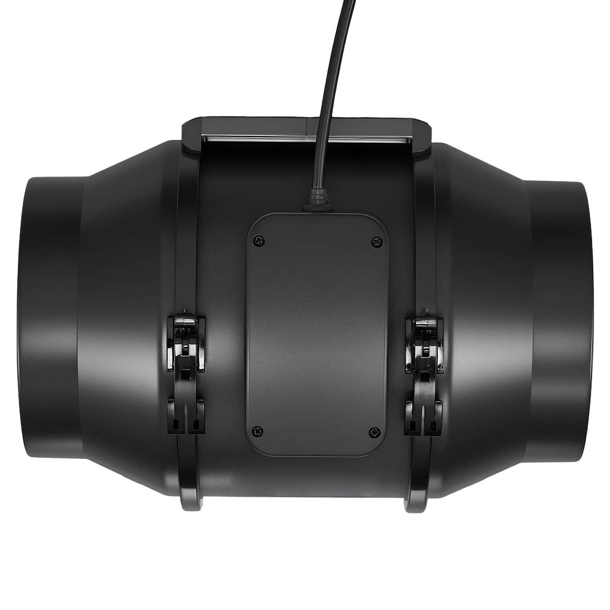 Black inline ventilation fan rear panel with mounting clamps and power cord