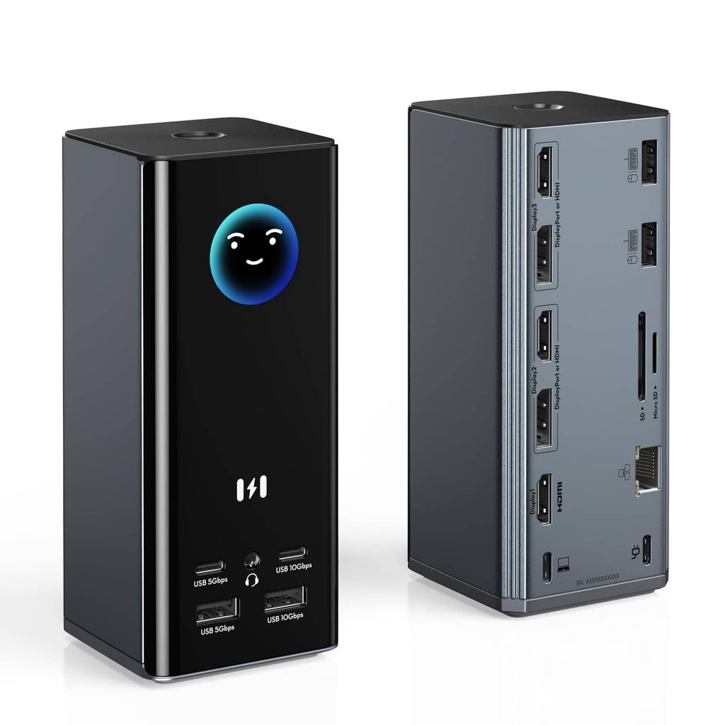 Space gray docking station, front and side views showing multiple port openings