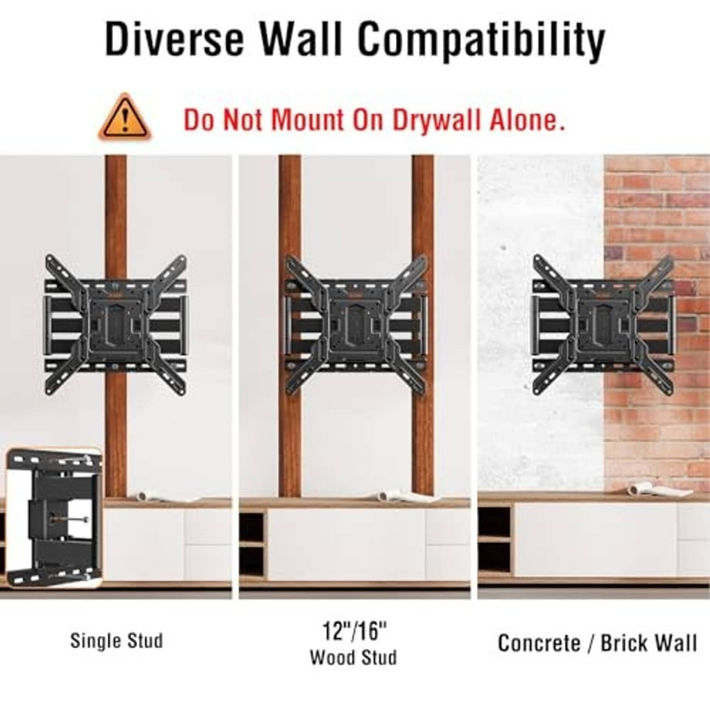 TV wall mount compatibility chart showing stud, wood, and brick wall mounting
