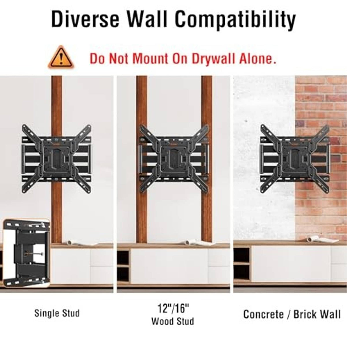 TV wall mount compatibility chart showing stud, wood, and brick wall mounting