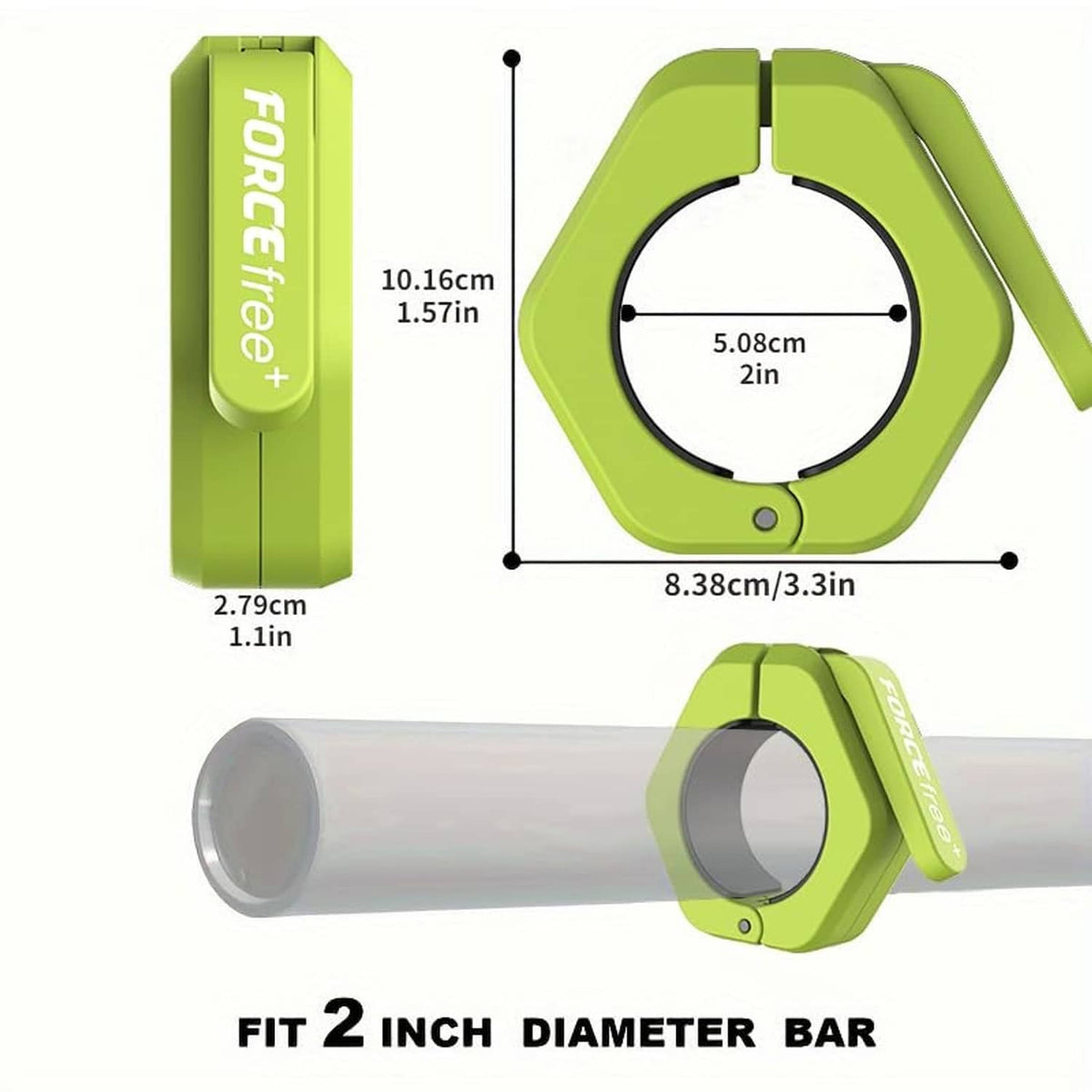 Lime green barbell clamp with black inner ring and rounded opening for 2 in bar
