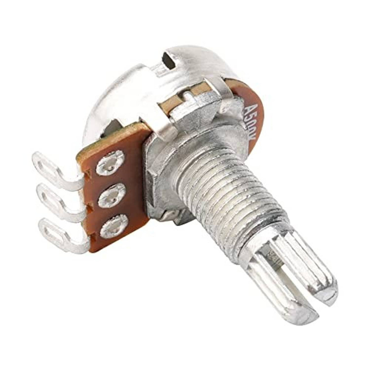 Close-up of split-shaft guitar potentiometer with metal body and brown-brown terminal insulator