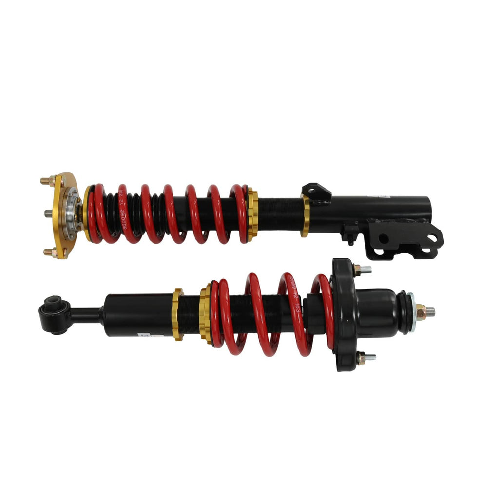 Two coilover struts shown side-by-side with red springs and black shock housings
