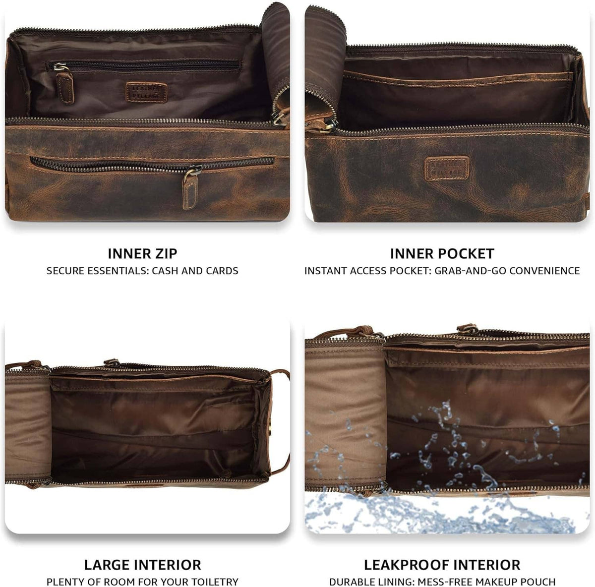 Brown leather toiletry bag interior view with inner zip and side pocket