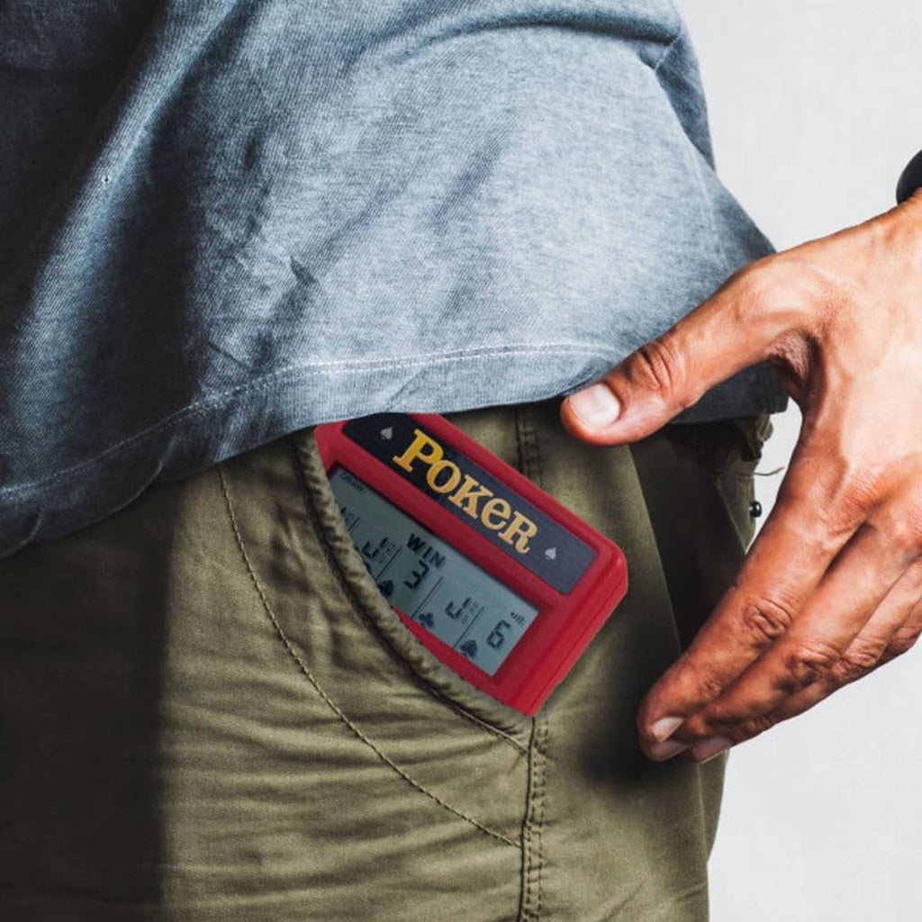 Red handheld poker game in a pocket with LCD screen and hold buttons visible.