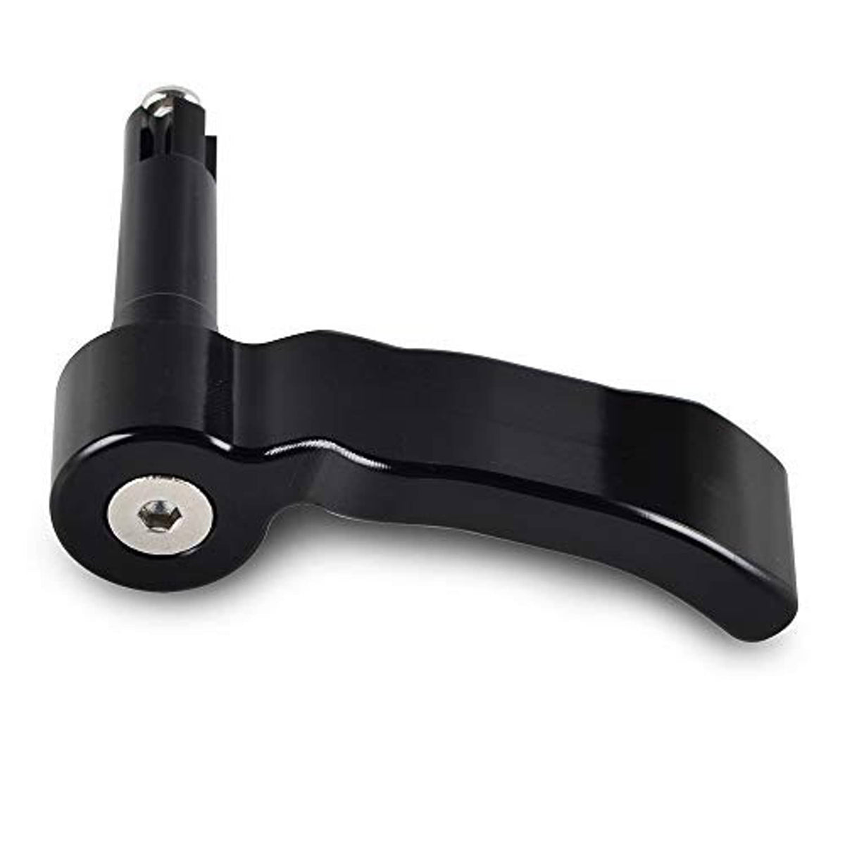 Black thumb throttle lever with round mounting base and silver screw