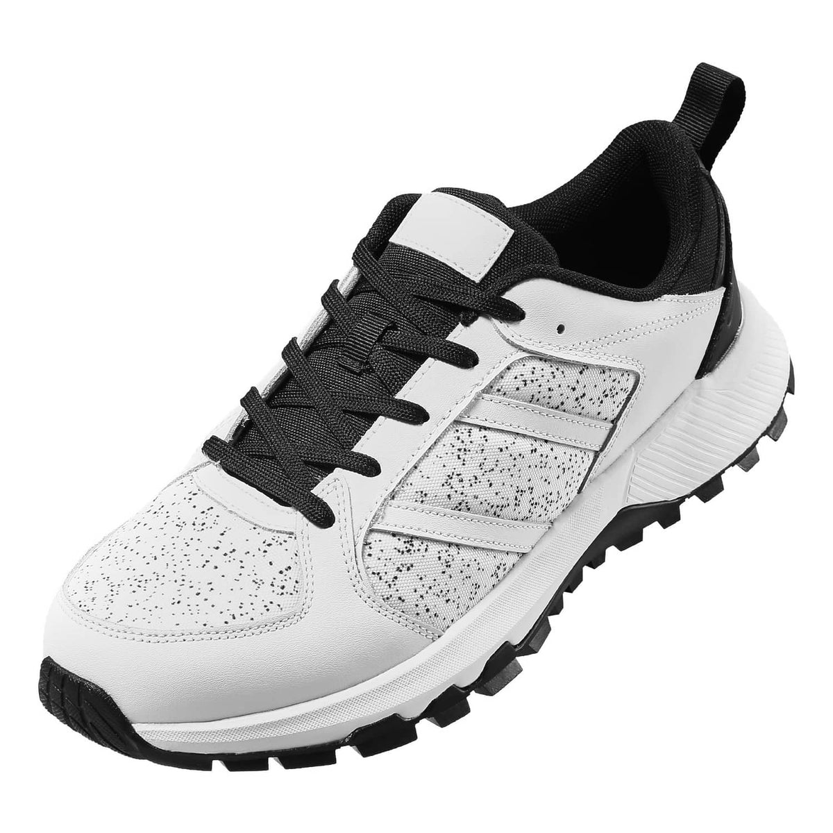 White cross training shoe with black lace-up, speckled overlays, and grippy tread