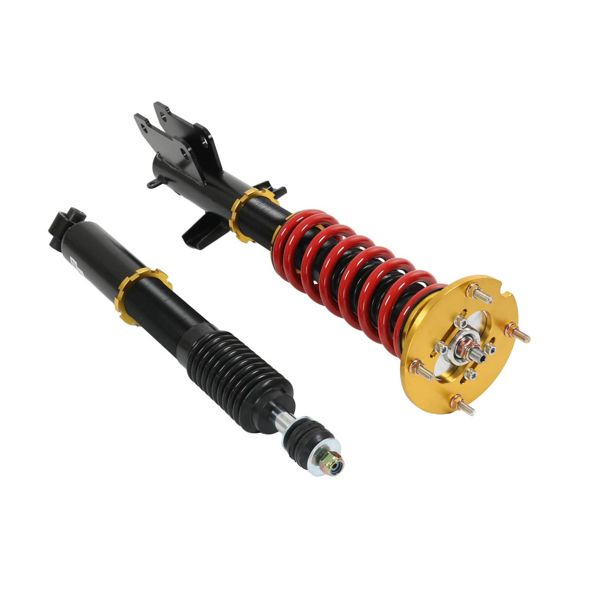 Coilover strut pair with black shocks, red coil springs, and gold adjustment caps
