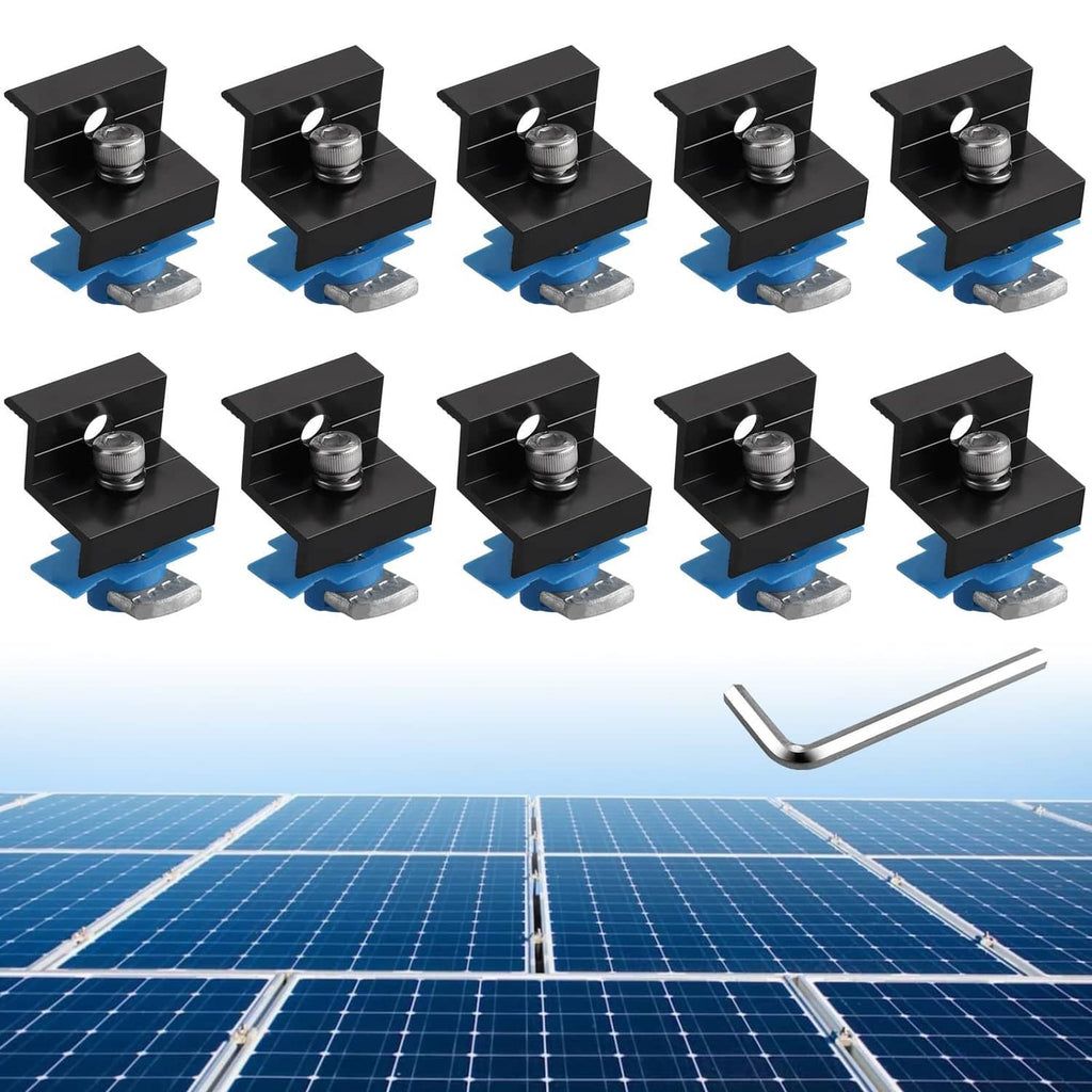 Black solar panel end clamps with blue inserts and mounting hardware (10 pack)