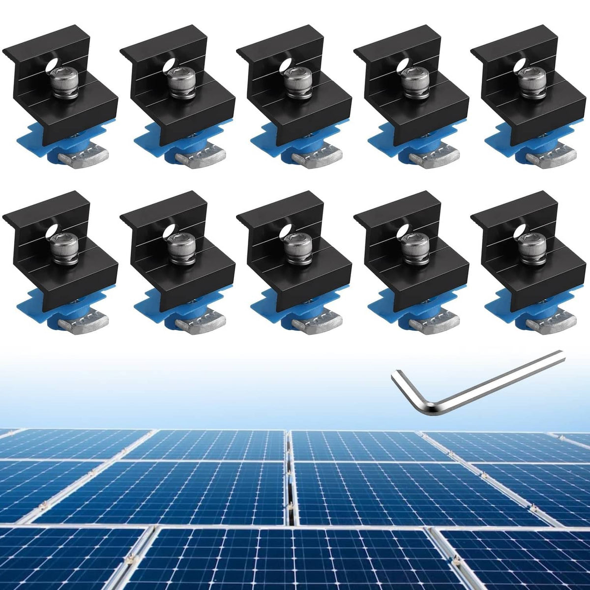 Black solar panel end clamps with blue inserts and mounting hardware (10 pack)