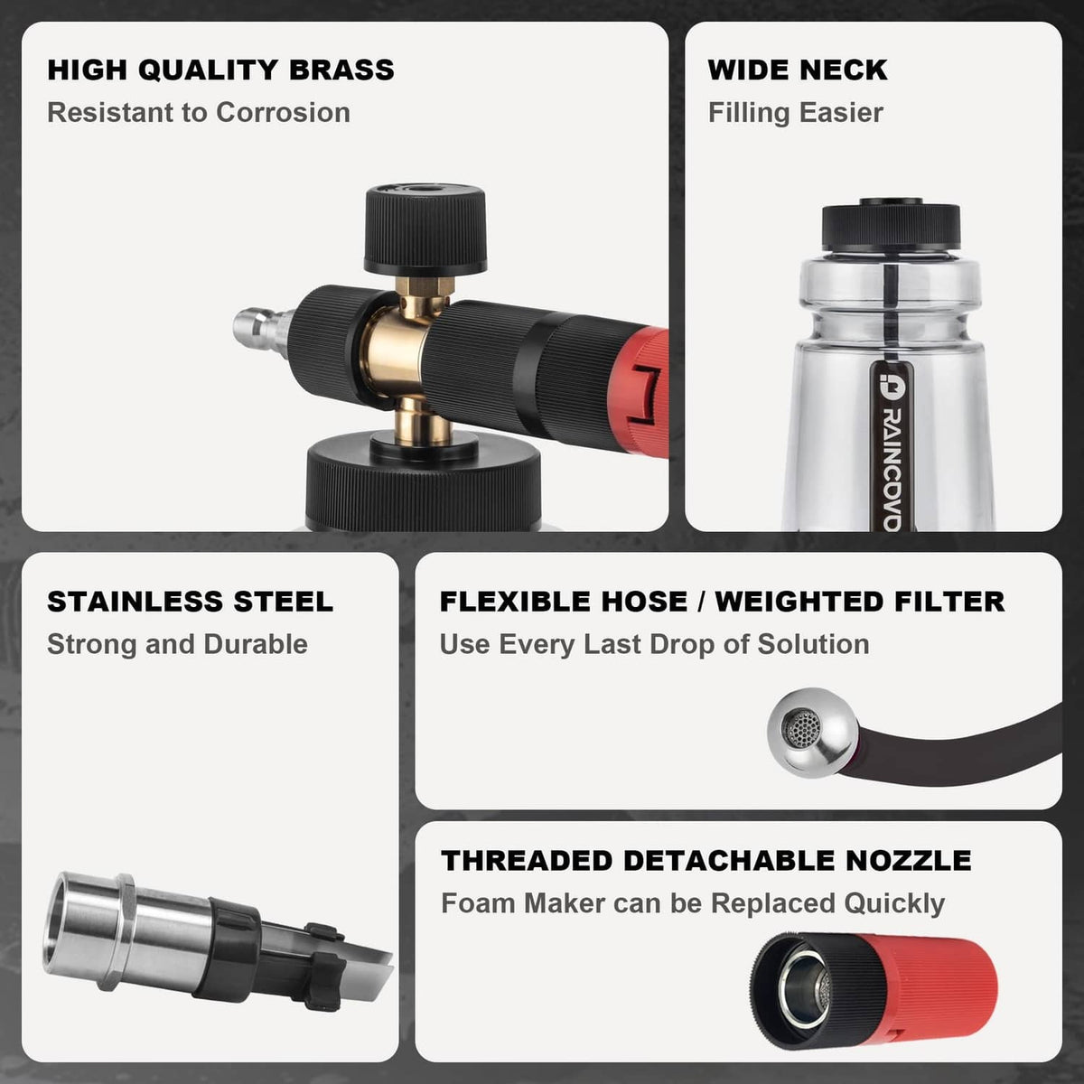 Foam cannon components: brass fittings, wide neck bottle, stainless steel nozzle