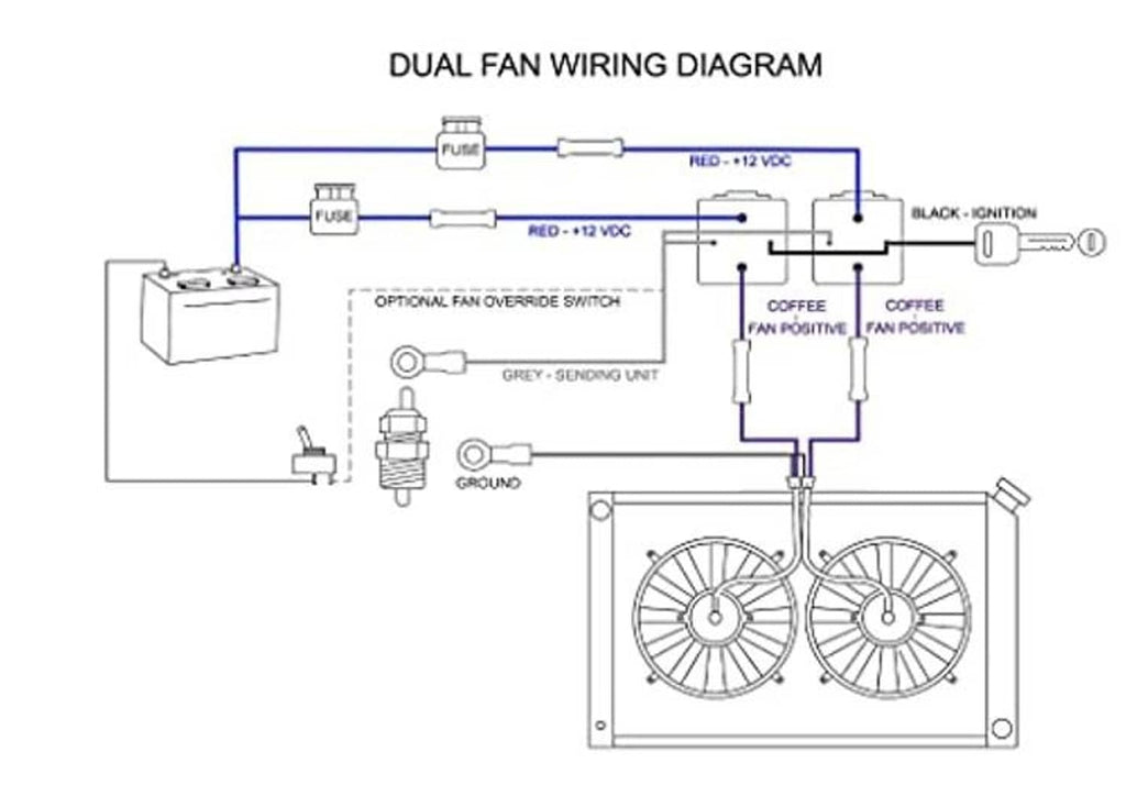 Dual fan wiring diagram showing relay connections and sensor wiring layout