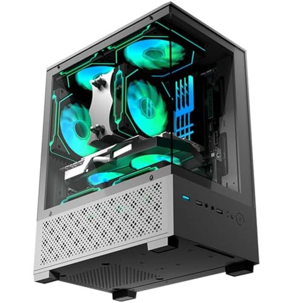 Black PC case with tempered-glass side, two ARGB 120mm fans, and mesh air intake