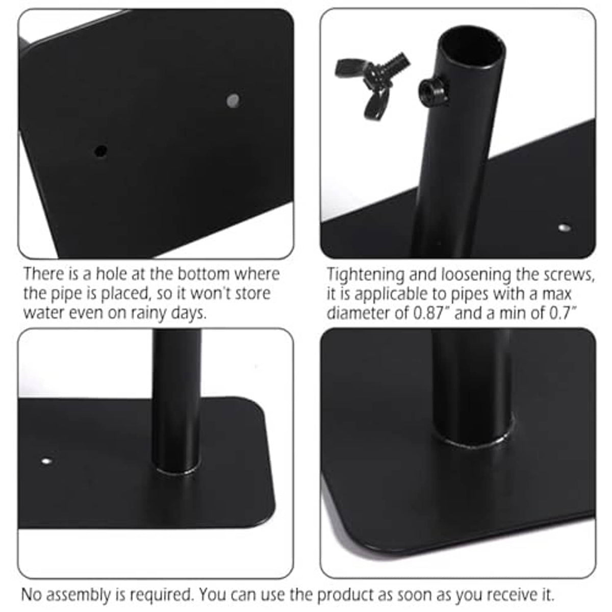 Black metal flag pole tire mount with screw-tightened pole sleeve and base