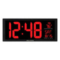 Acurite digital wall clock, black frame with red LED time, temperature, and date display