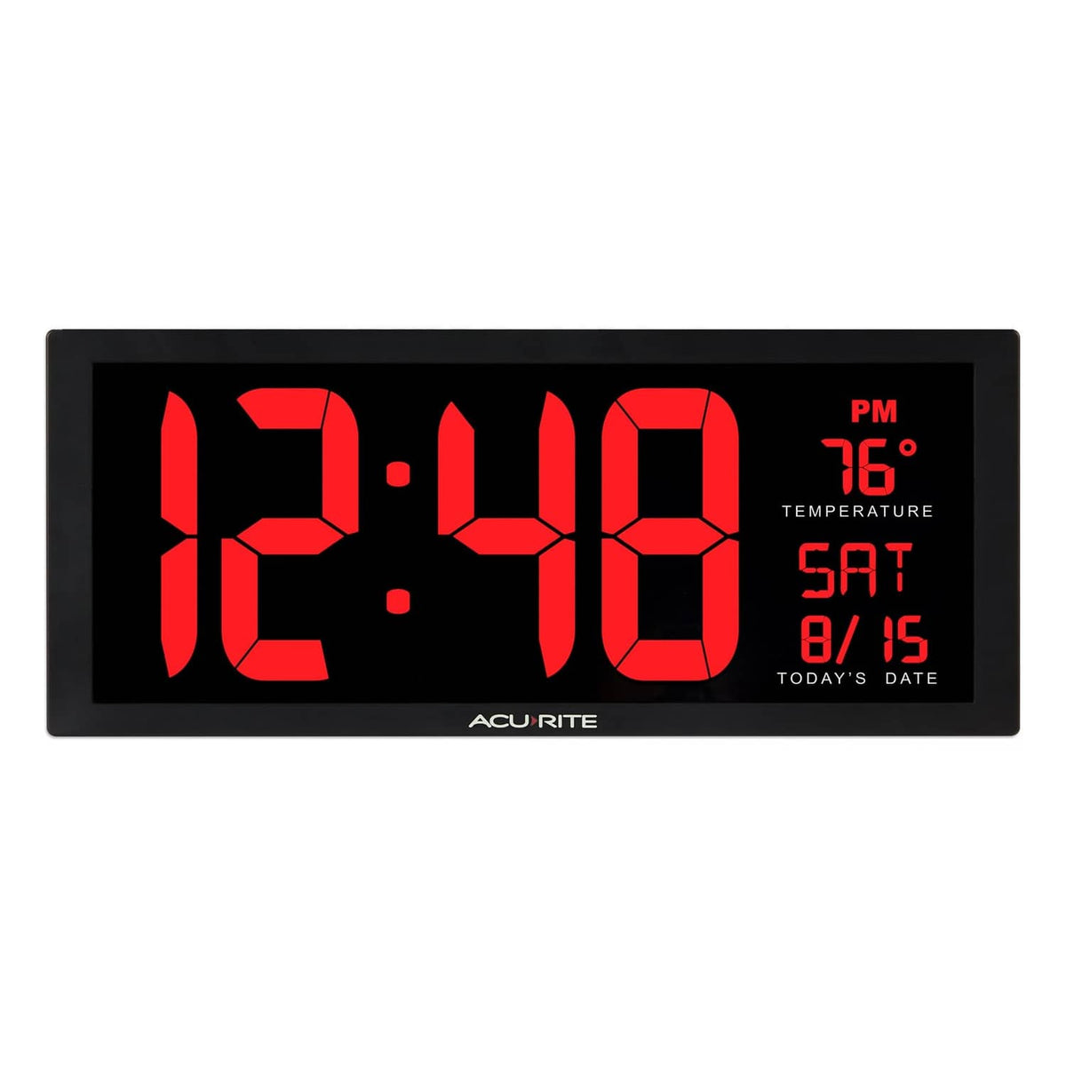 Acurite digital wall clock, black frame with red LED time, temperature, and date display