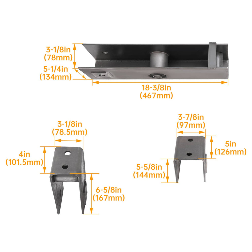Metal trailer hanger brackets with mounting holes and open U-shaped ends