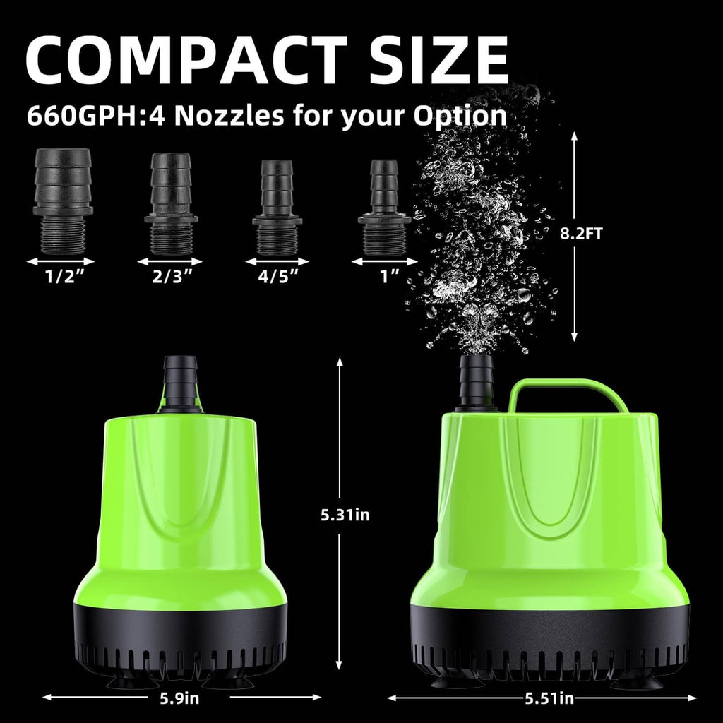 Compact bright green submersible water pump with top handle and outlet nozzle ports
