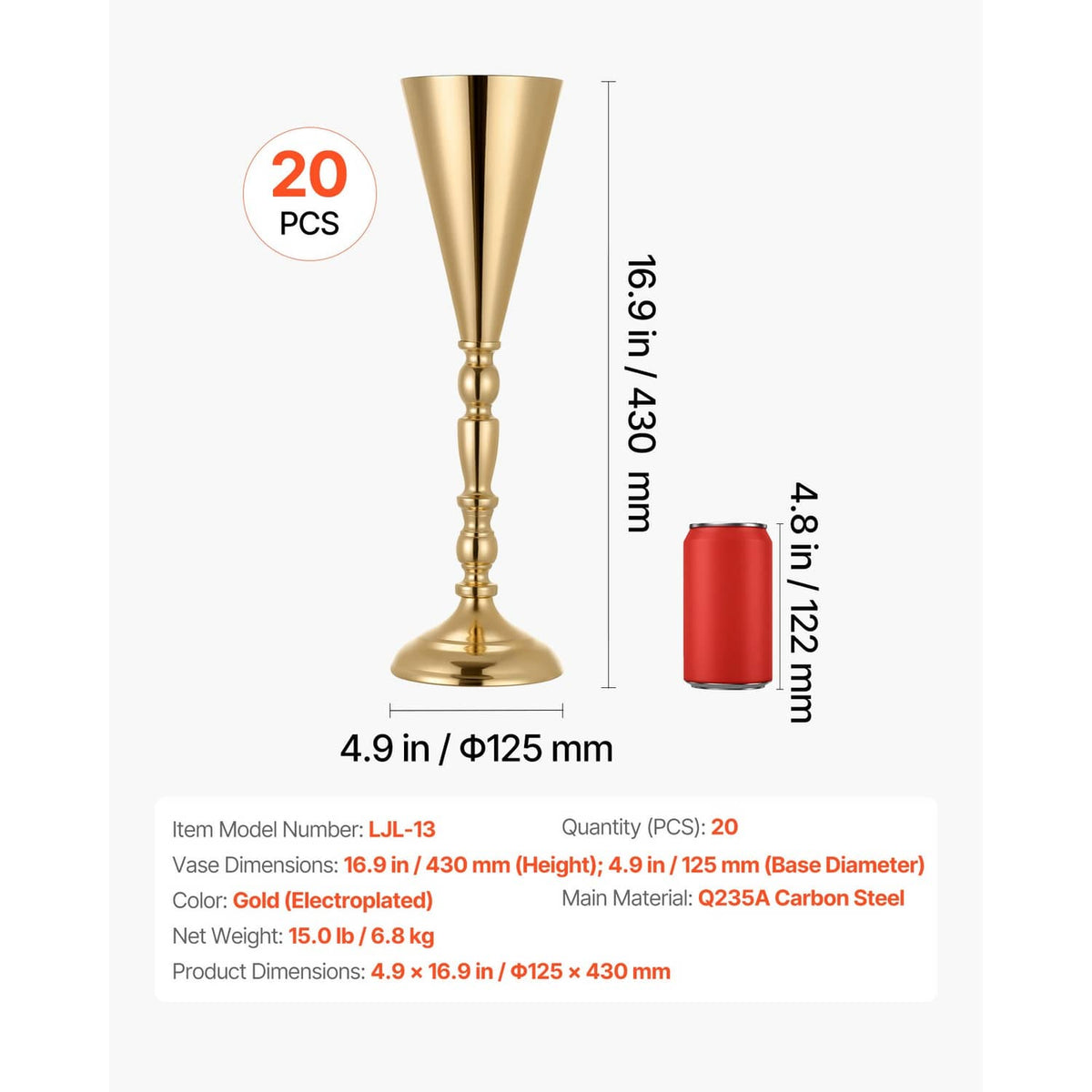 Gold trumpet vase centerpiece, 20 pcs, 16.9 in tall with 4.9 in base diameter
