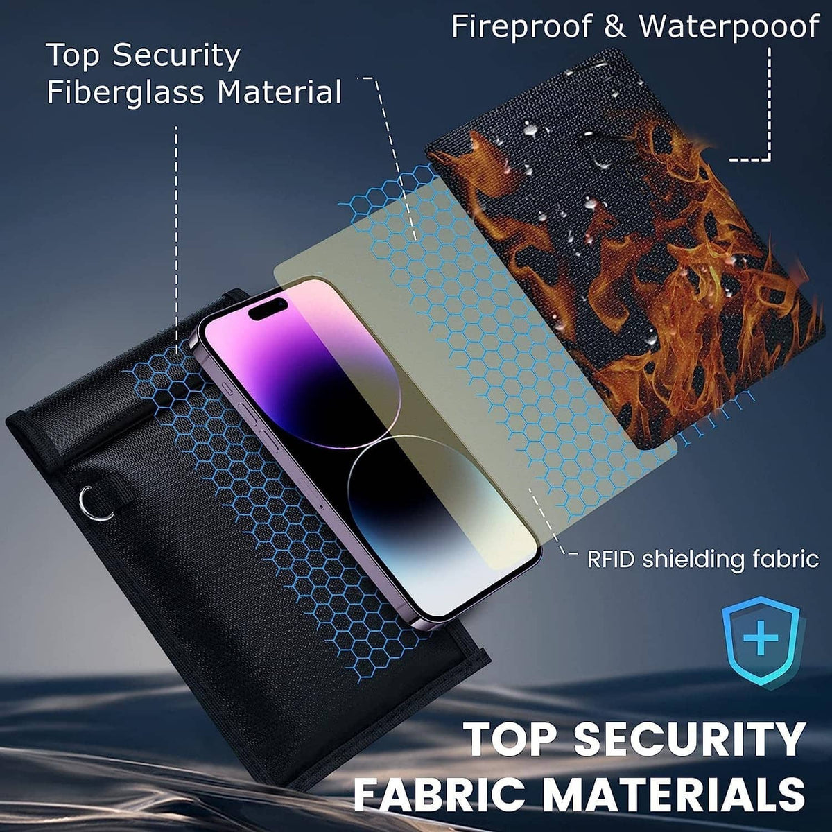 Black Faraday phone pouch with front flap, clear window, holding a smartphone