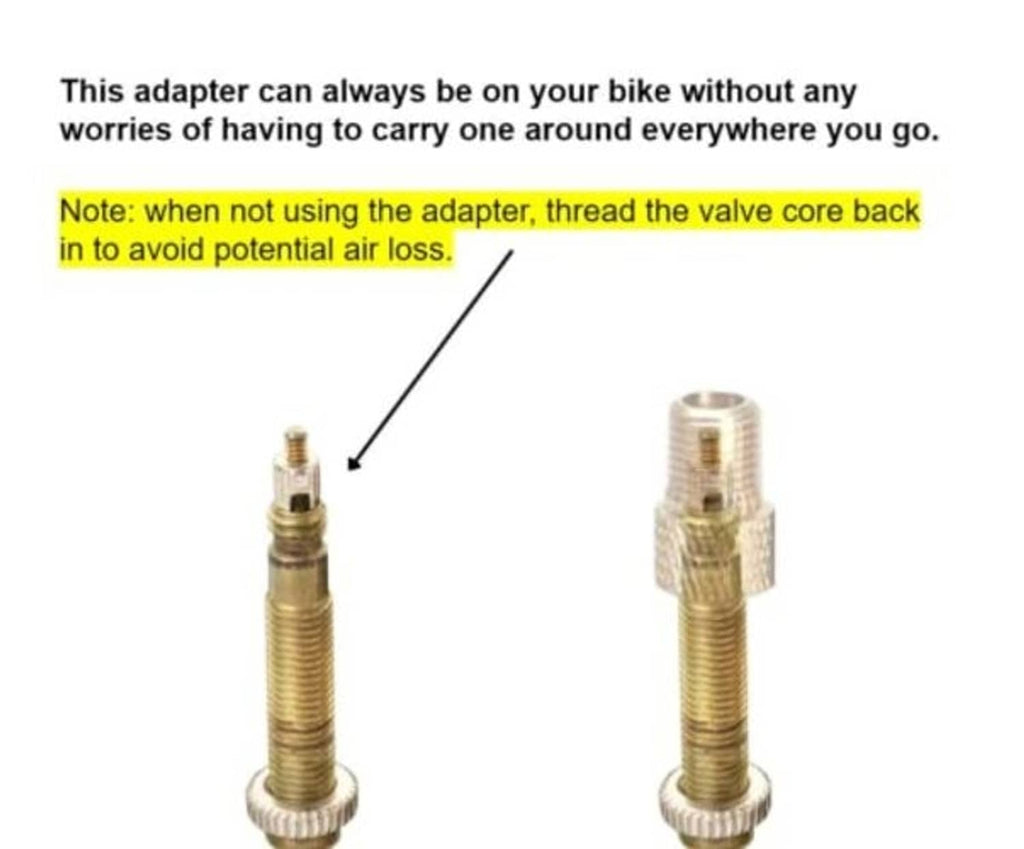 Brass Presta-to-Schrader adapter installed on a bike valve, with storage note